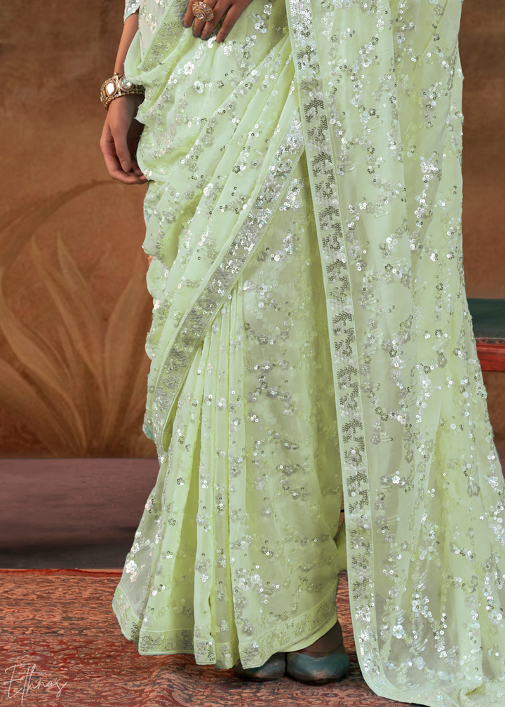 Pastel Green Iridescent Sequin Blossom Georgette Saree