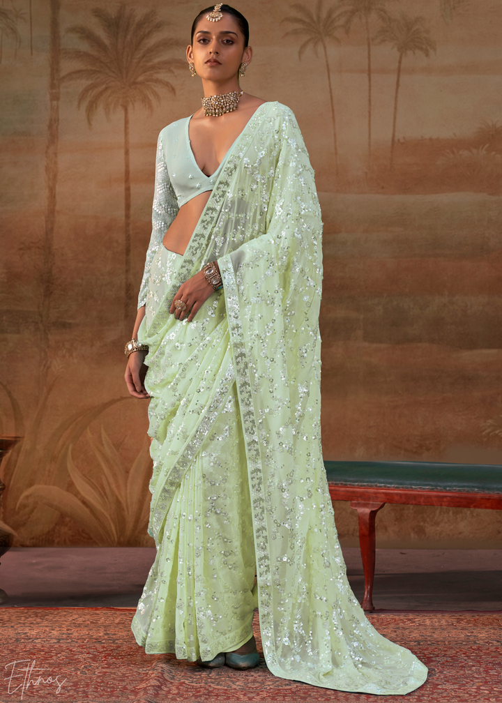 Pastel Green Iridescent Sequin Blossom Georgette Saree