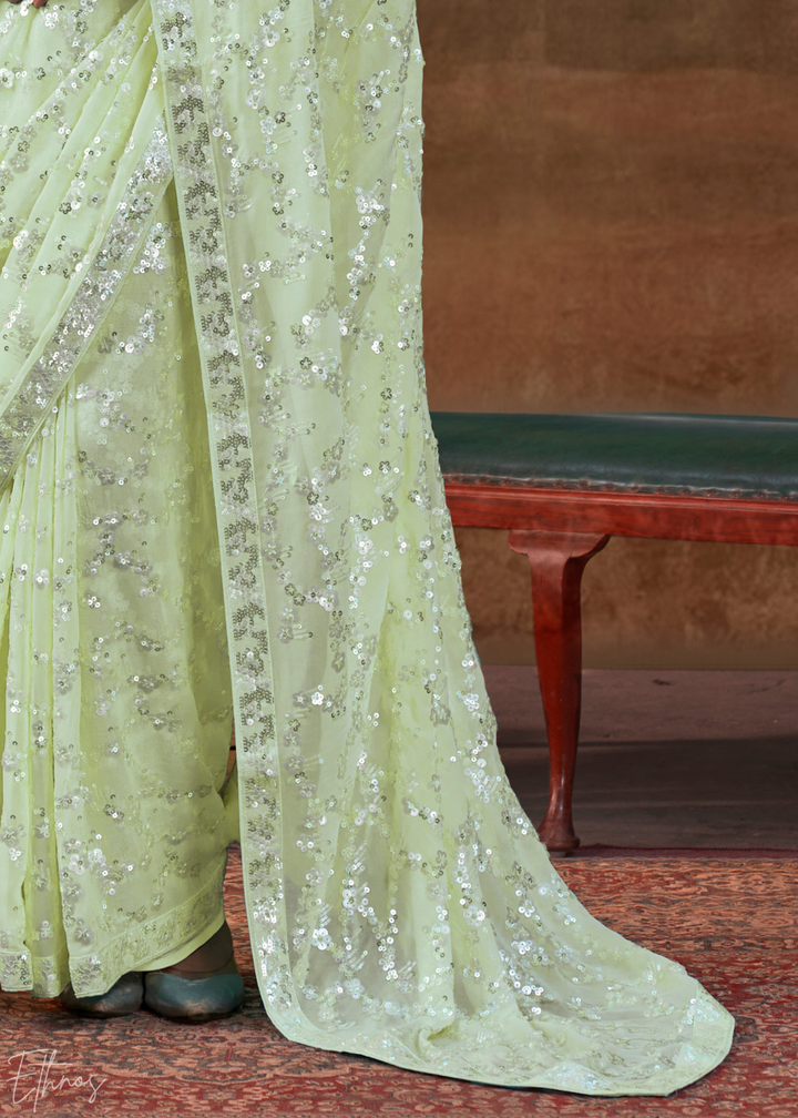 Pastel Green Iridescent Sequin Blossom Georgette Saree
