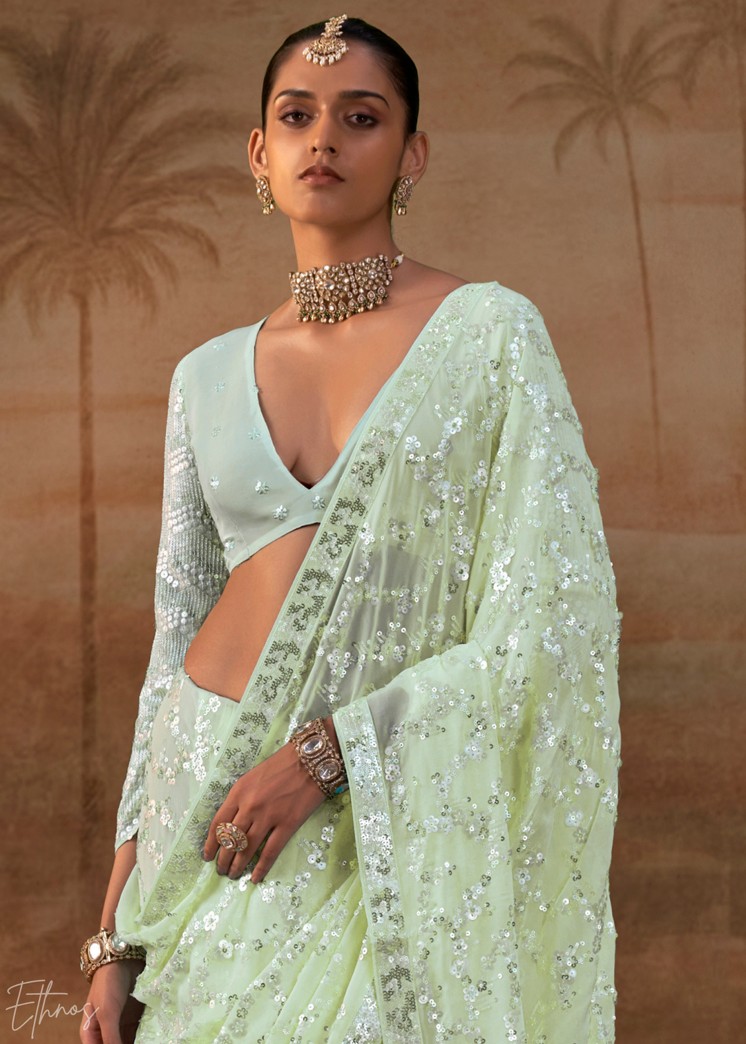 Pastel Green Iridescent Sequin Blossom Georgette Saree