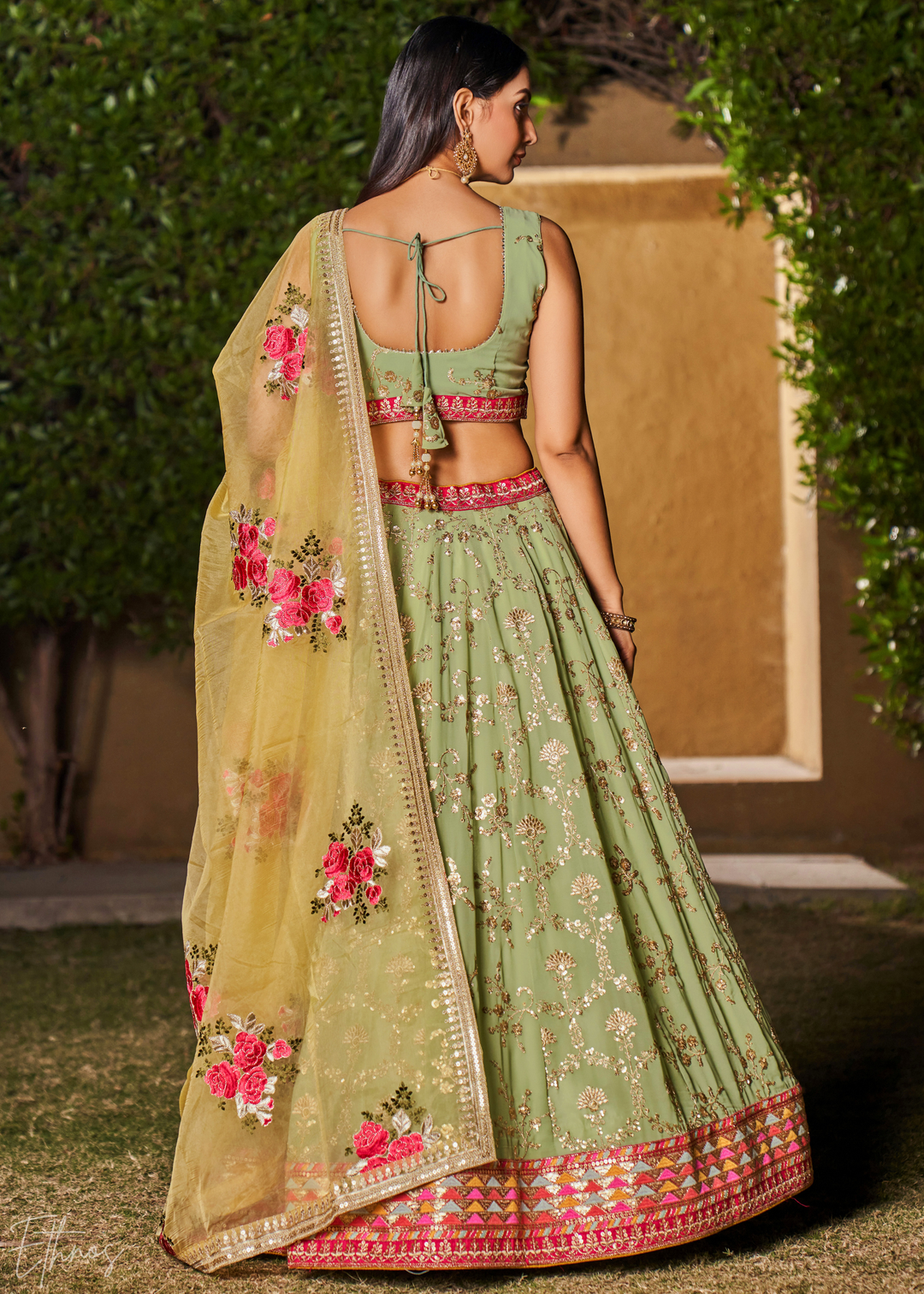 Pastel Green Sequins Georgette Lehenga