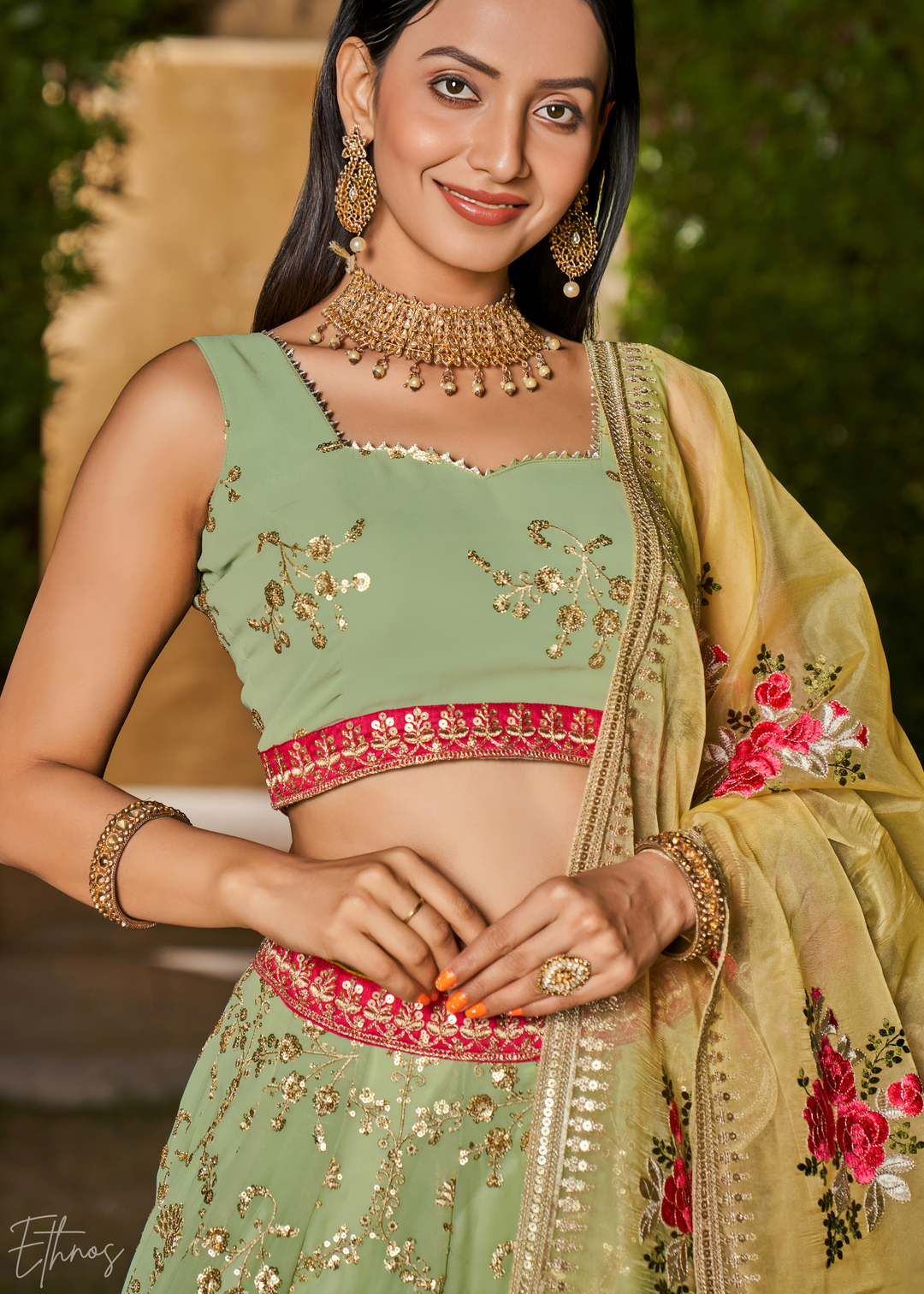 Pastel Green Sequins Georgette Lehenga