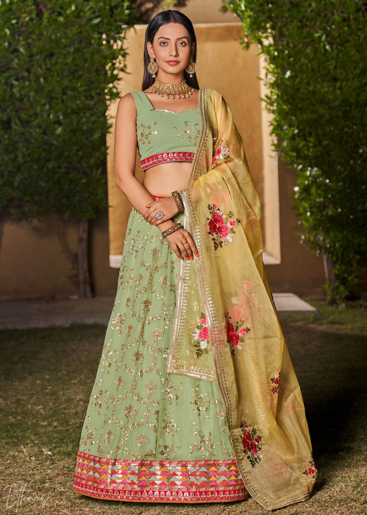 Pastel Green Sequins Georgette Lehenga