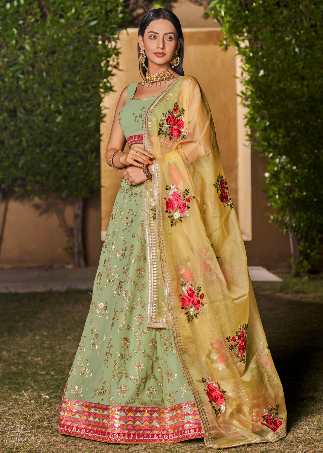 Pastel Green Sequins Georgette Lehenga