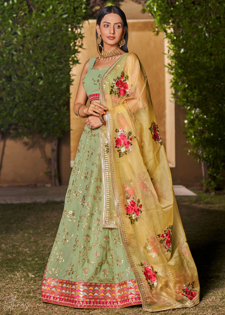 Pastel Green Sequins Georgette Lehenga