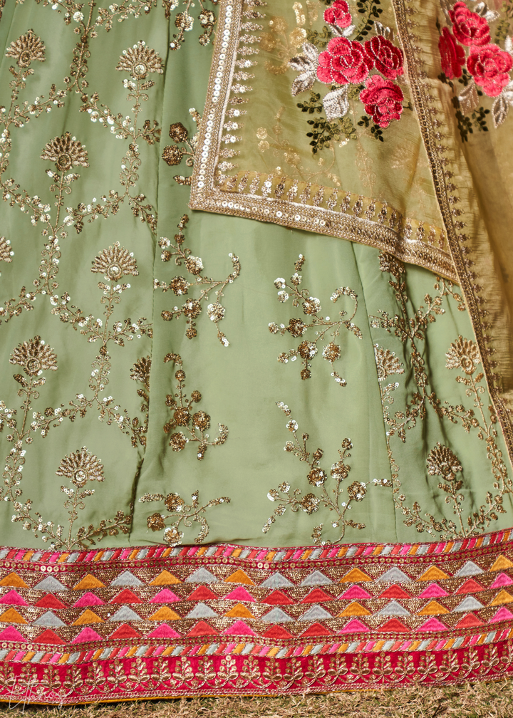 Pastel Green Sequins Georgette Lehenga