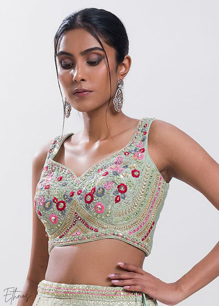 Pastel Green Sequins Georgette Lehenga