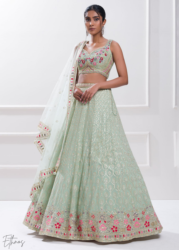 Pastel Green Sequins Georgette Lehenga