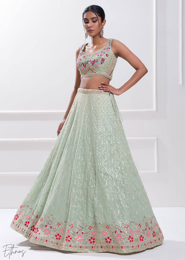 Pastel Green Sequins Georgette Lehenga