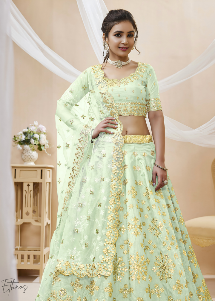 Pastel Green Zari Embroidered Silk Lehenga