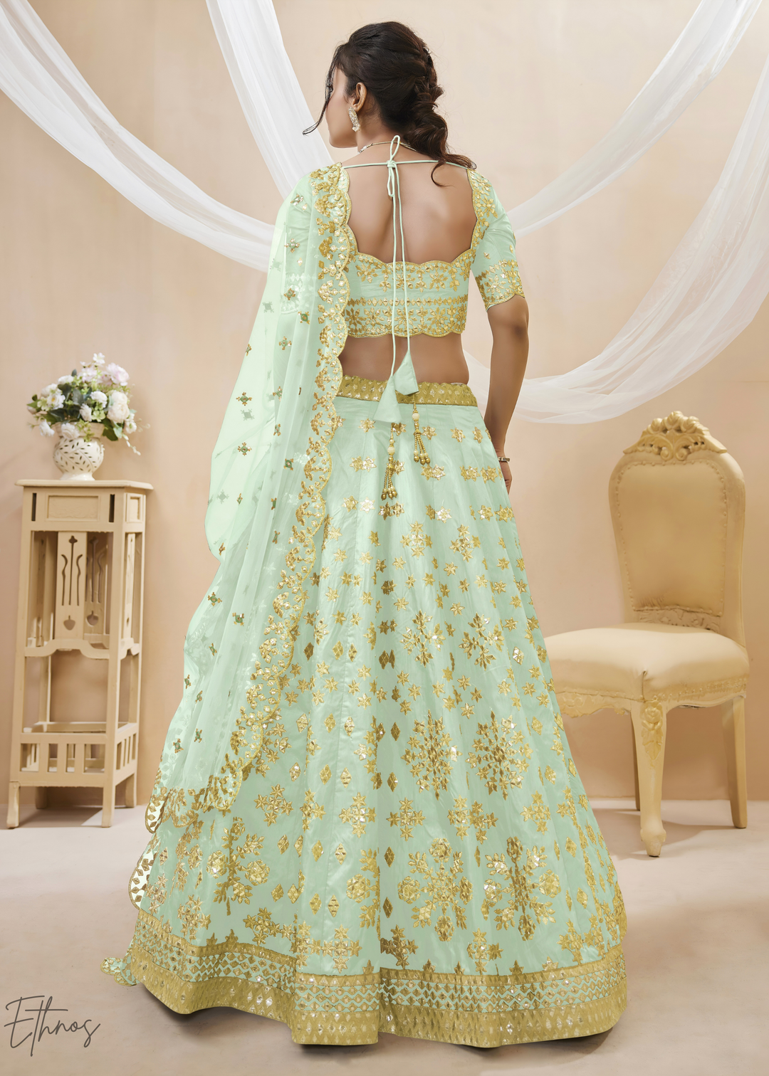 Pastel Green Zari Embroidered Silk Lehenga