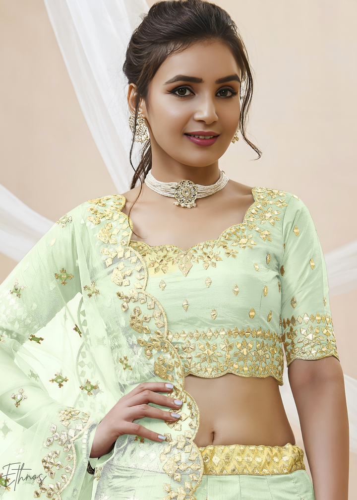 Pastel Green Zari Embroidered Silk Lehenga