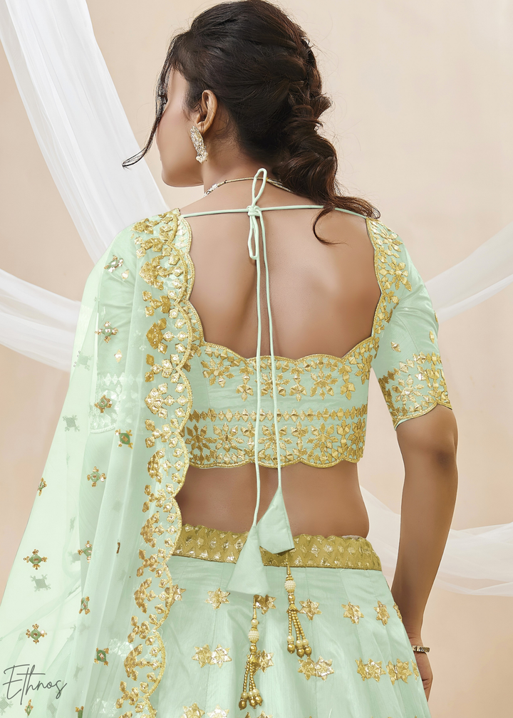 Pastel Green Zari Embroidered Silk Lehenga