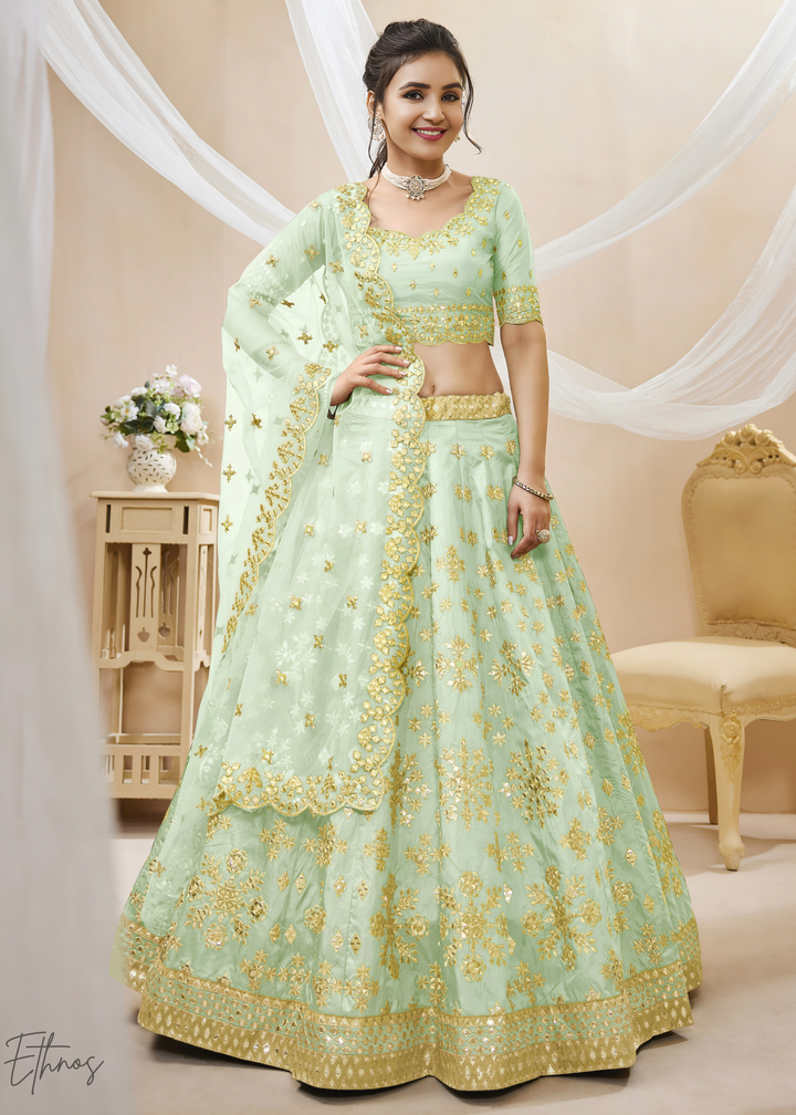 Pastel Green Zari Embroidered Silk Lehenga