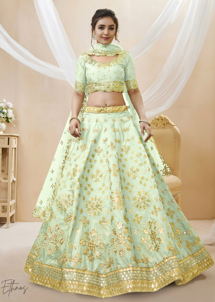 Pastel Green Zari Embroidered Silk Lehenga