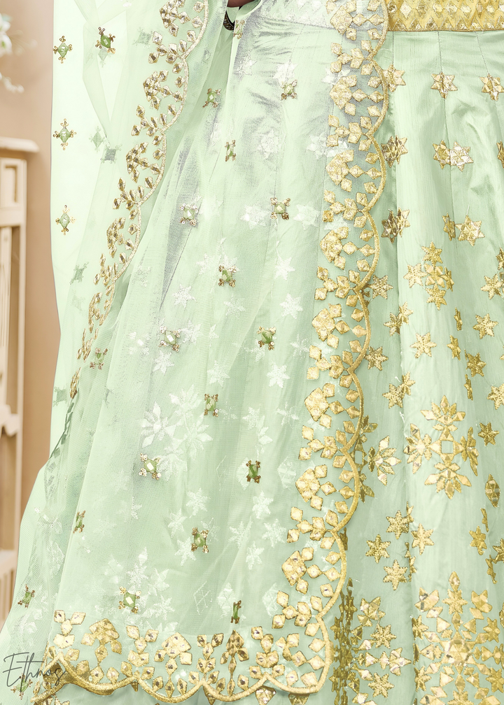 Pastel Green Zari Embroidered Silk Lehenga