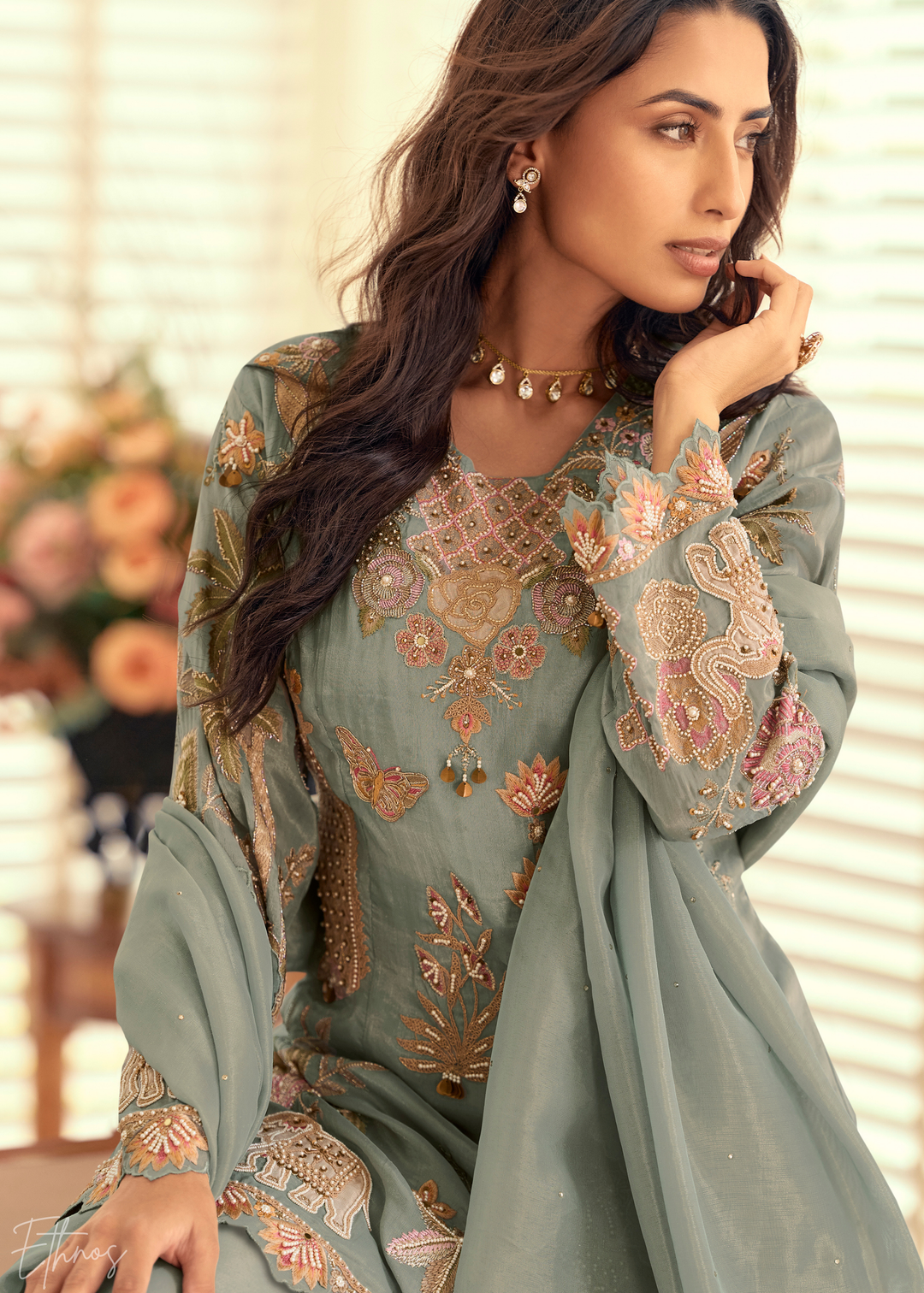 Pastel Grey Simar Silk Palazzo Suit