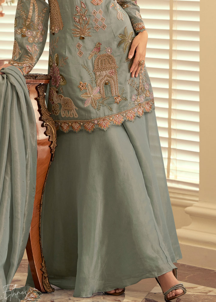 Pastel Grey Simar Silk Palazzo Suit