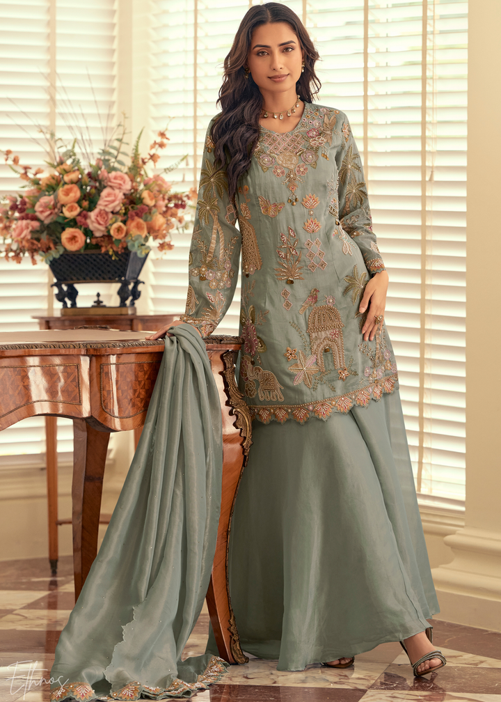 Pastel Grey Simar Silk Palazzo Suit