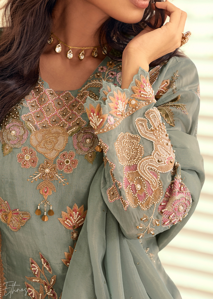 Pastel Grey Simar Silk Palazzo Suit