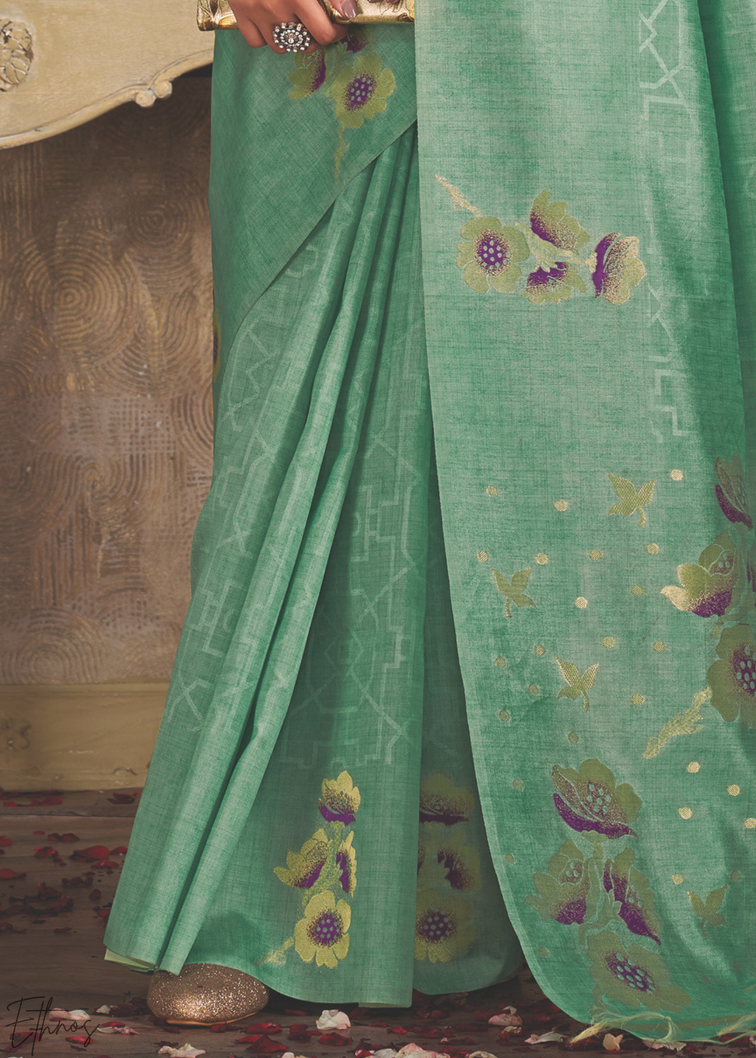 Pastel Jade Floral Jacquard Cotton Saree