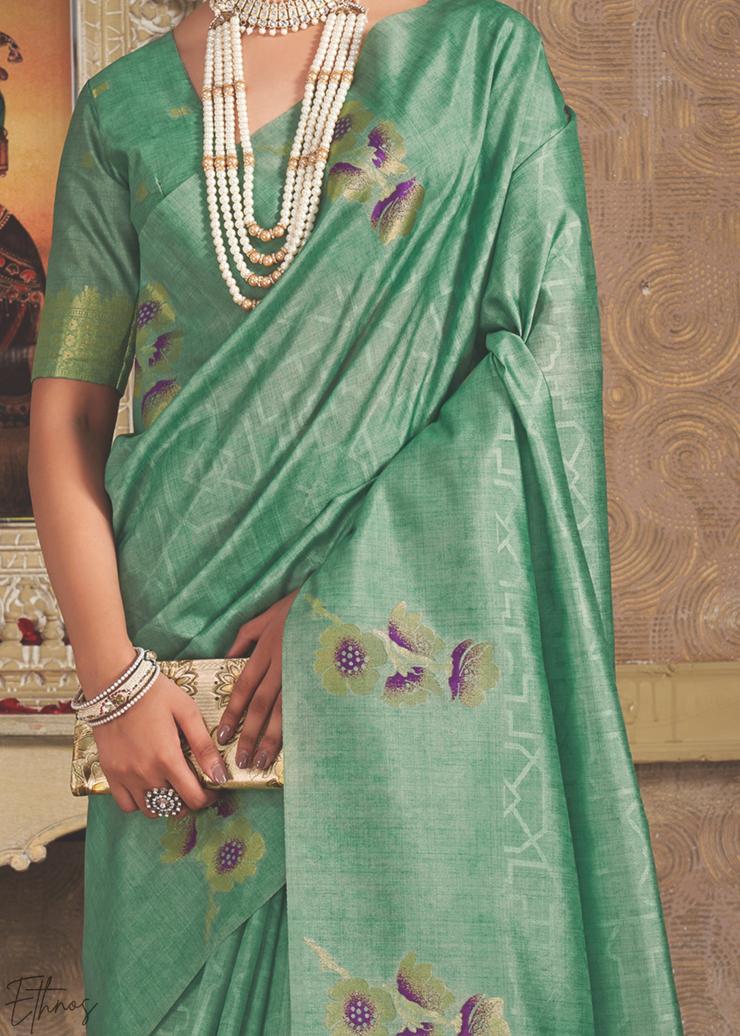 Pastel Jade Floral Jacquard Cotton Saree