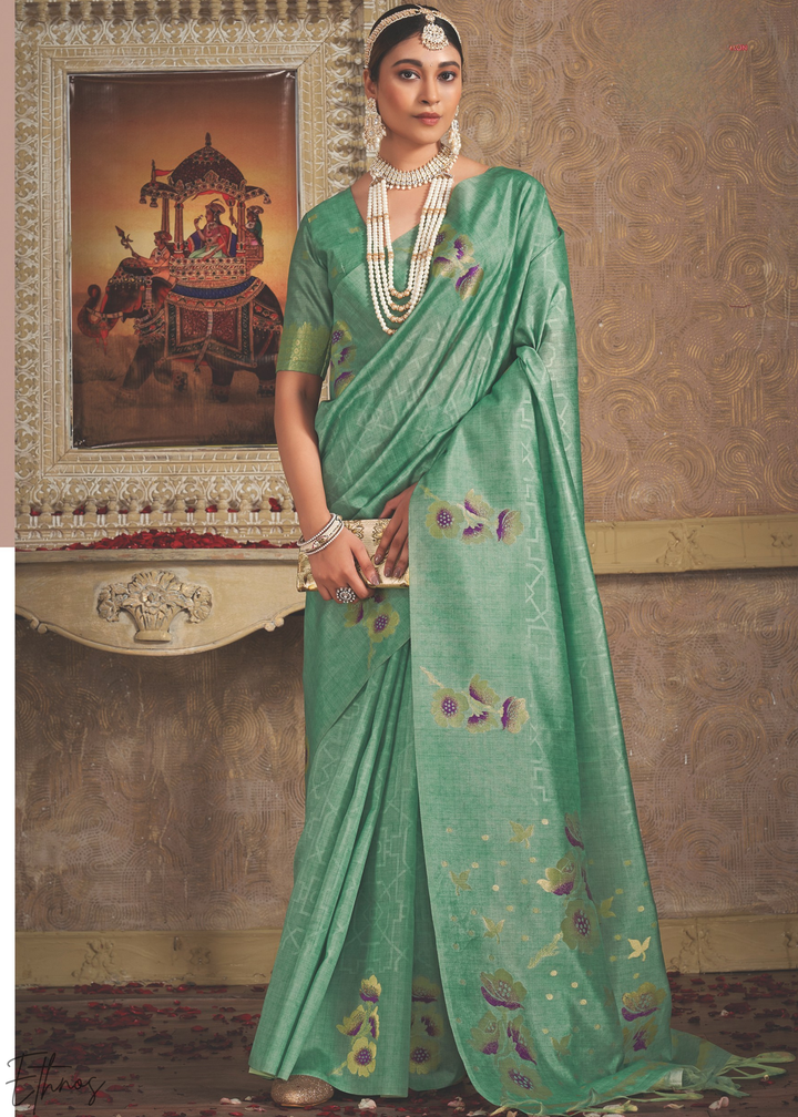 Pastel Jade Floral Jacquard Cotton Saree
