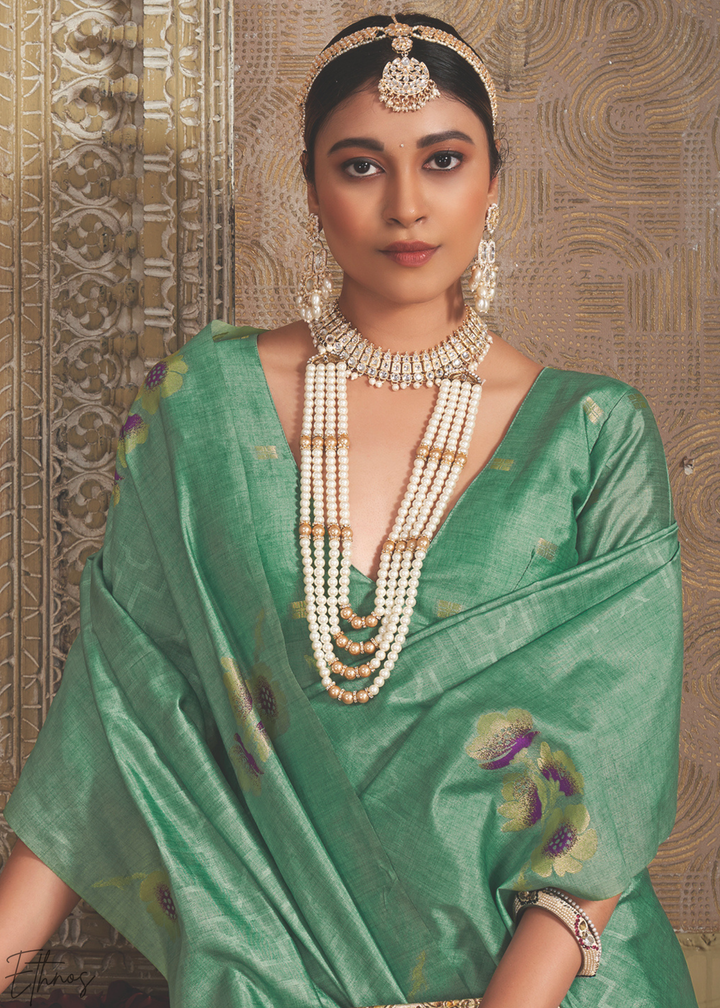 Pastel Jade Floral Jacquard Cotton Saree