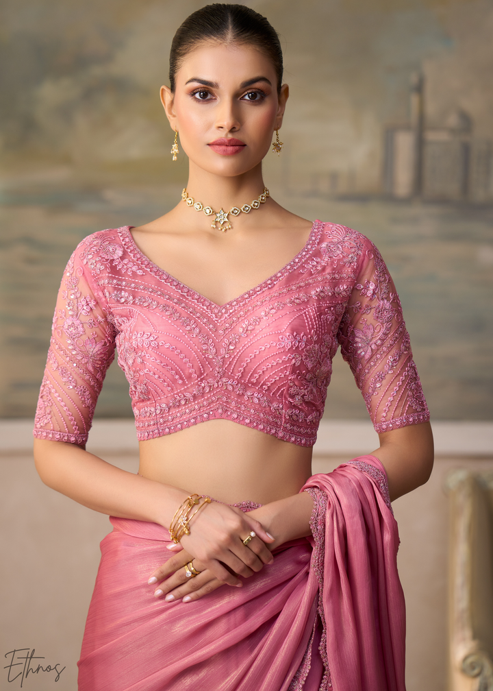 Pastel Mauve Ruffle Border Chiffon Saree