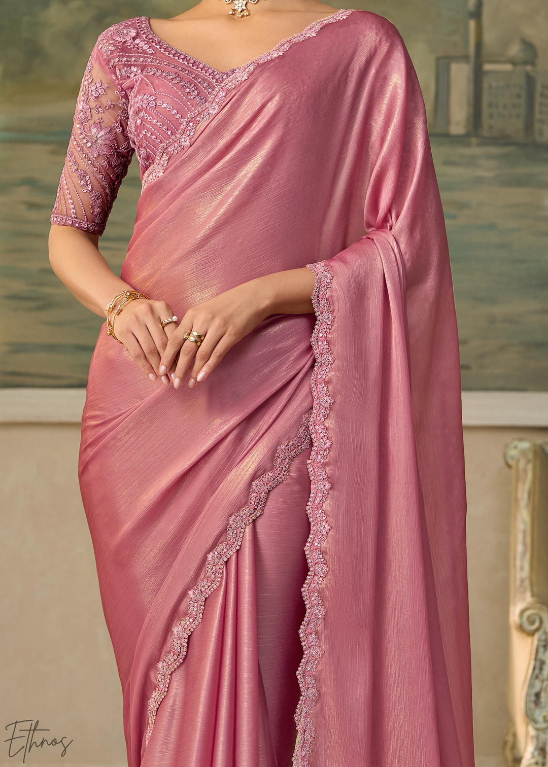 Pastel Mauve Ruffle Border Chiffon Saree