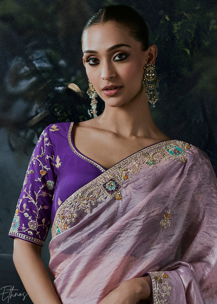 Pastel Mauve Subtle Embroidery Organza Silk Saree