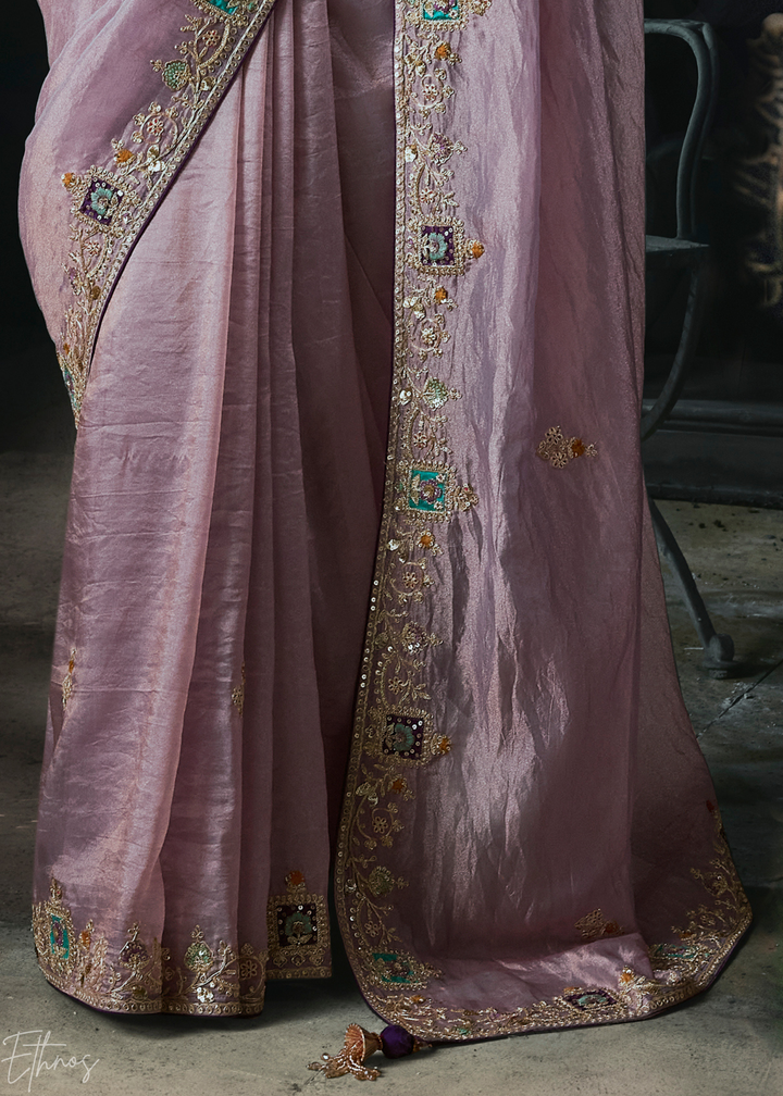 Pastel Mauve Subtle Embroidery Organza Silk Saree