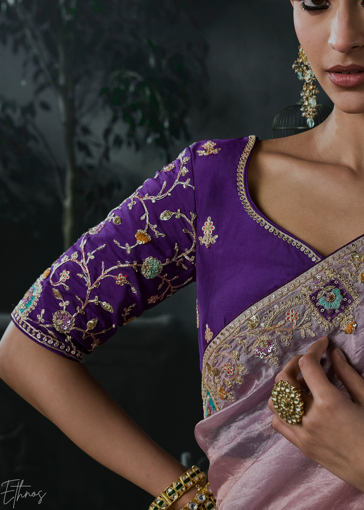 Pastel Mauve Subtle Embroidery Organza Silk Saree