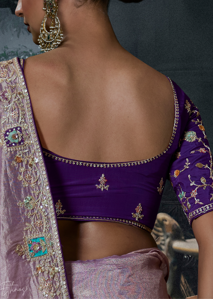 Pastel Mauve Subtle Embroidery Organza Silk Saree