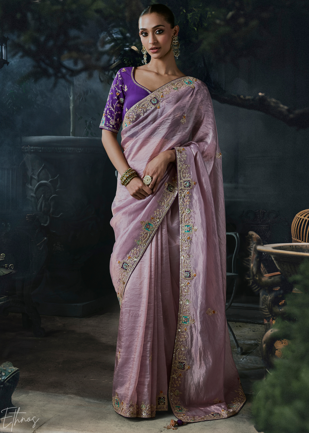 Pastel Mauve Subtle Embroidery Organza Silk Saree
