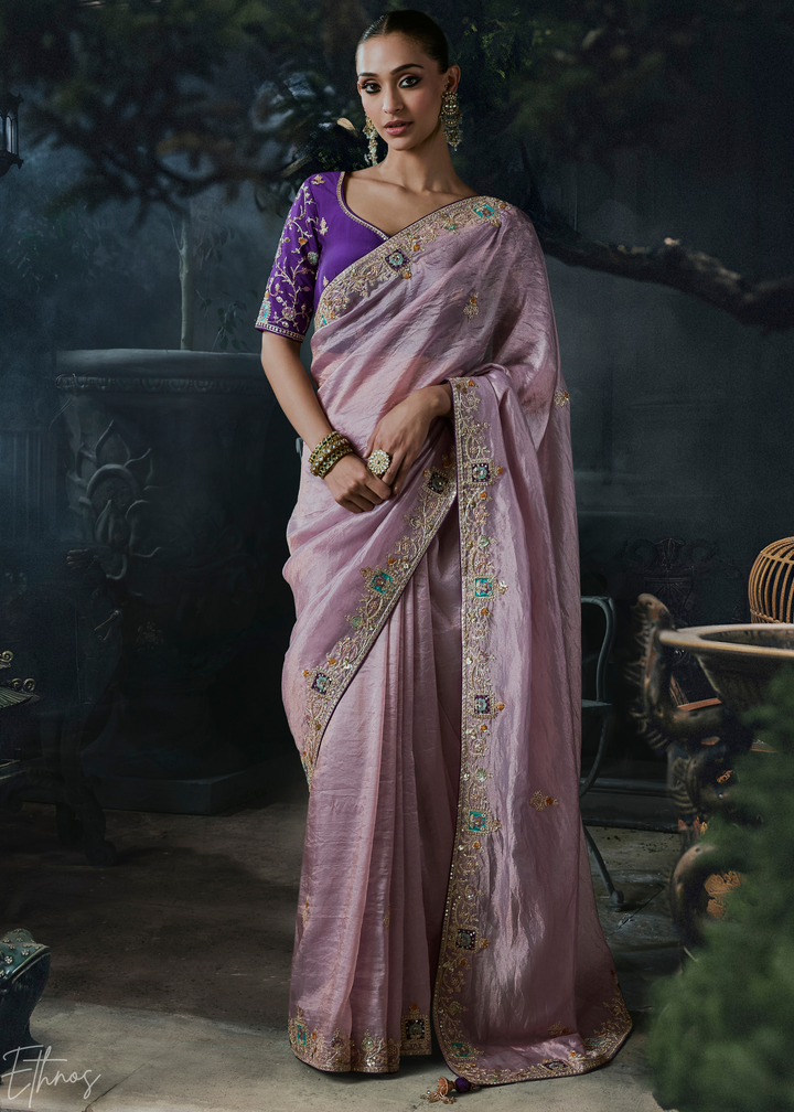 Pastel Mauve Subtle Embroidery Organza Silk Saree