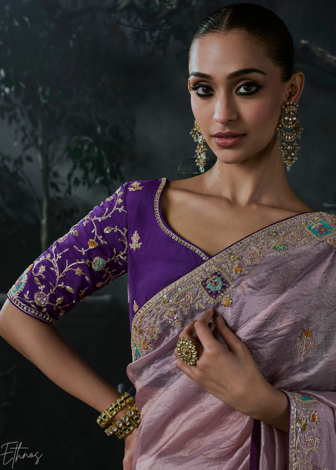 Pastel Mauve Subtle Embroidery Organza Silk Saree