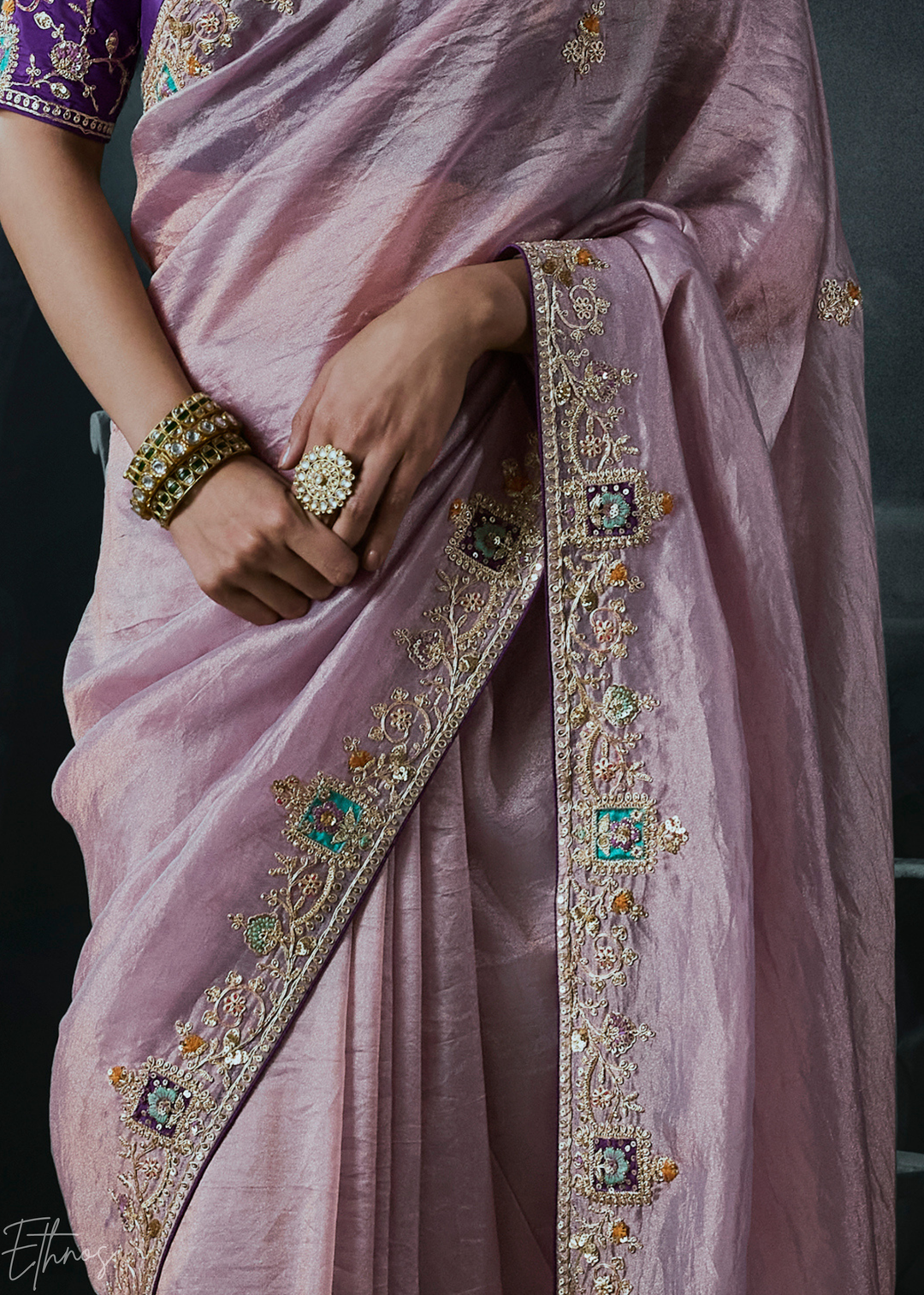 Pastel Mauve Subtle Embroidery Organza Silk Saree