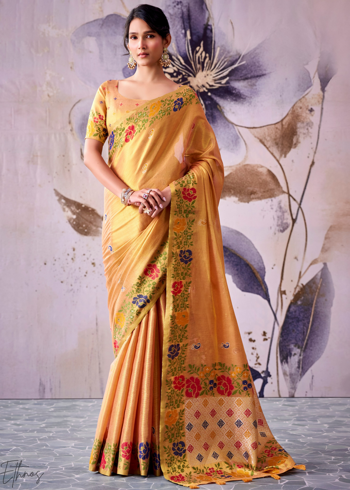 Pastel Orange Floral-Patola Pallu Tissue Silk Saree