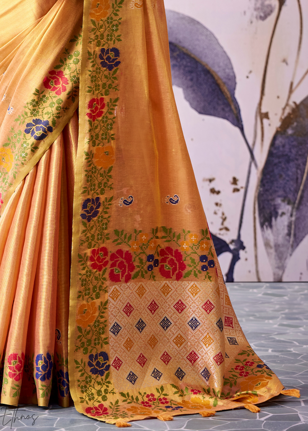 Pastel Orange Floral-Patola Pallu Tissue Silk Saree