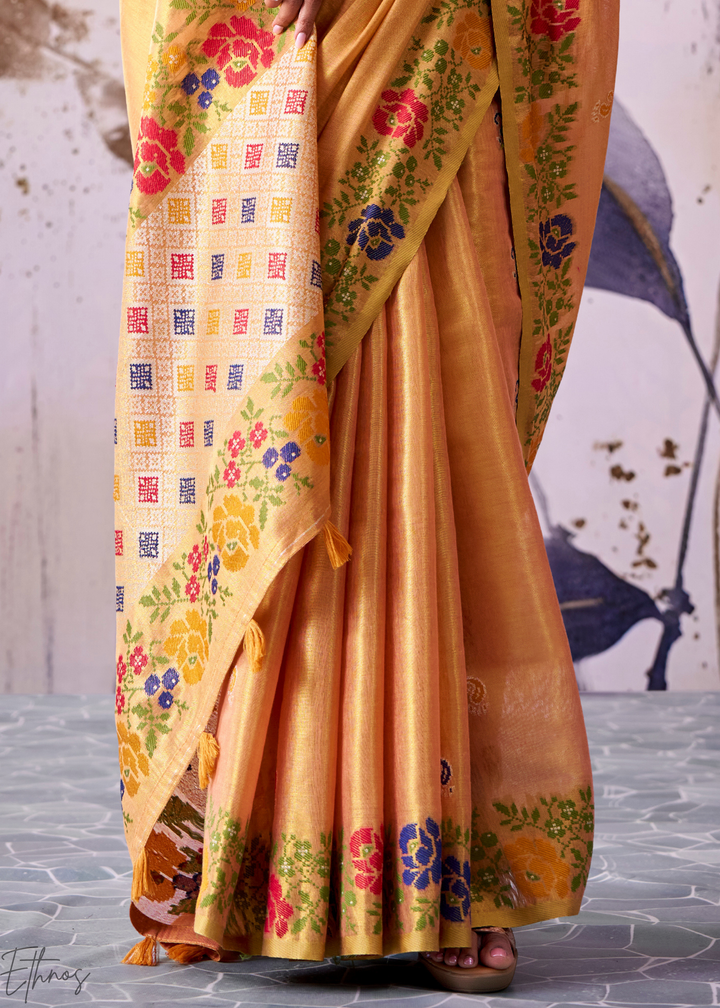 Pastel Orange Floral-Patola Pallu Tissue Silk Saree