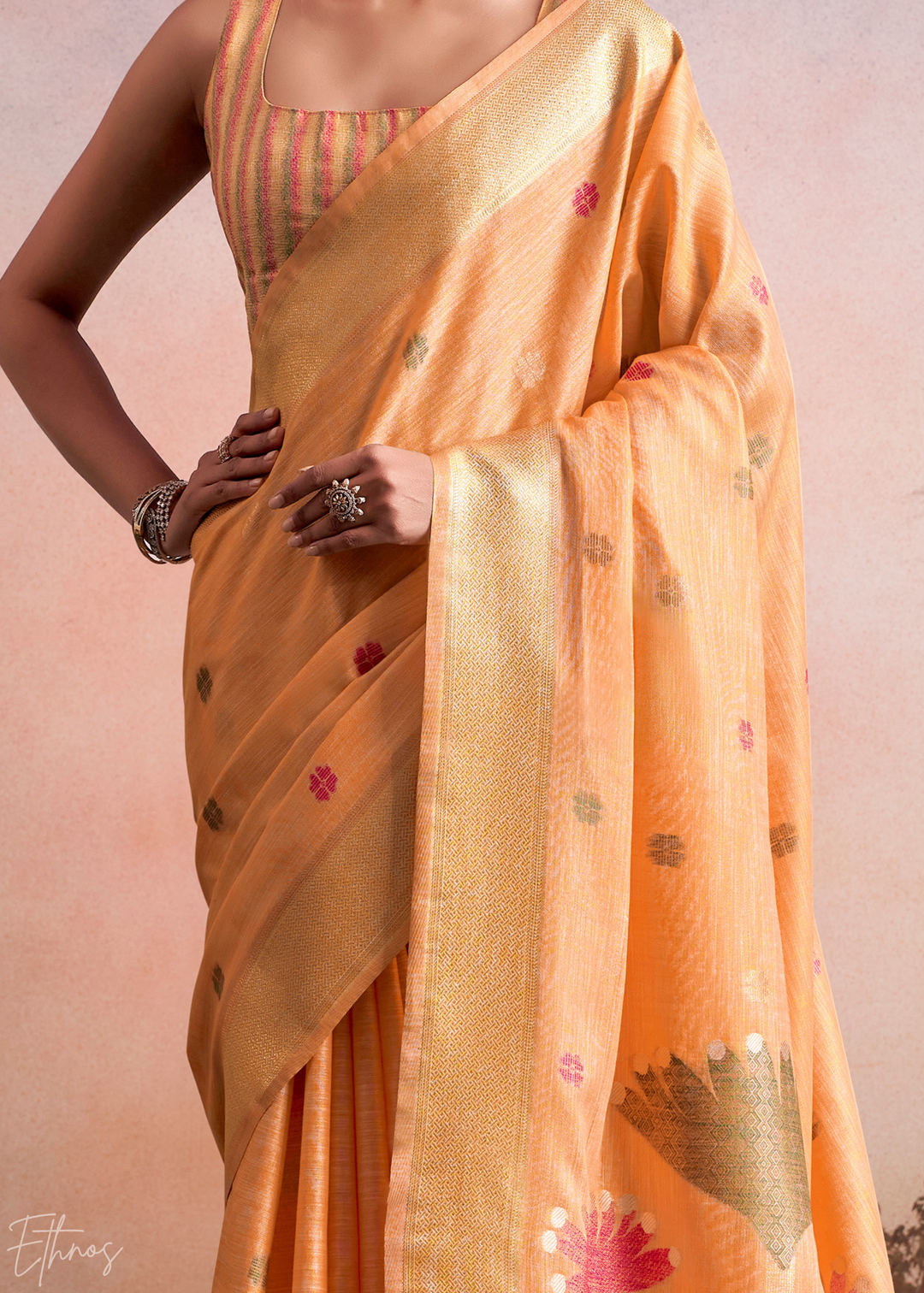 Pastel Orange Lotus Pallu Linen Silk Saree
