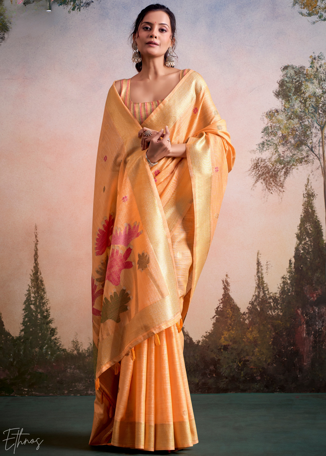 Pastel Orange Lotus Pallu Linen Silk Saree
