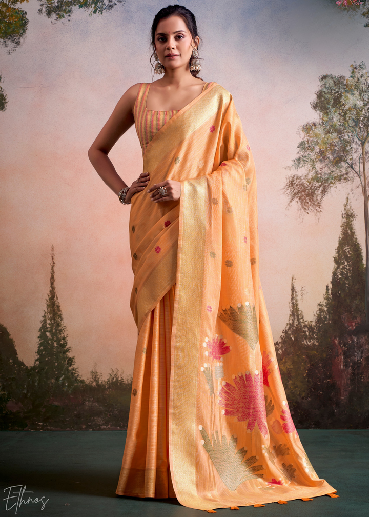 Pastel Orange Lotus Pallu Linen Silk Saree