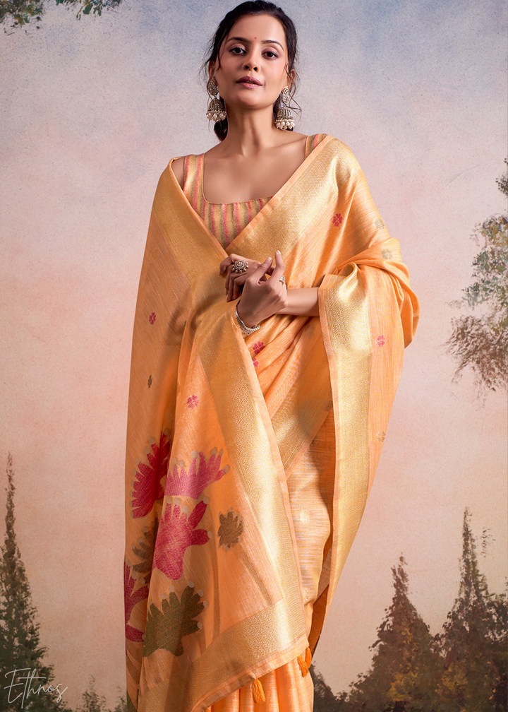Pastel Orange Lotus Pallu Linen Silk Saree