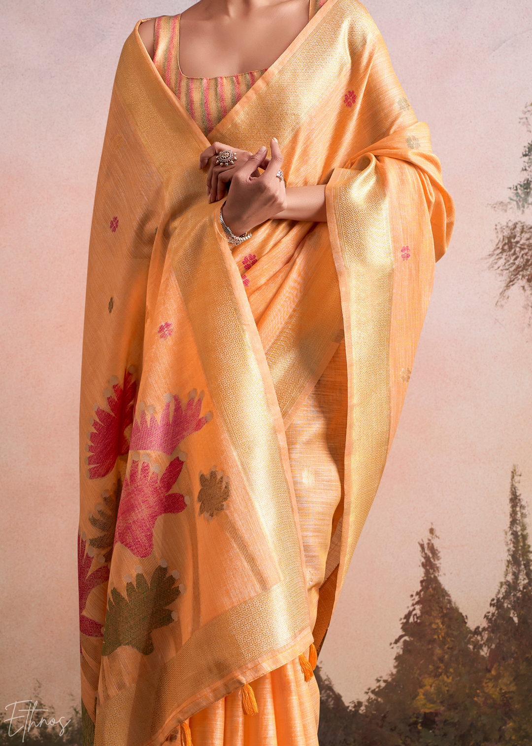 Pastel Orange Lotus Pallu Linen Silk Saree