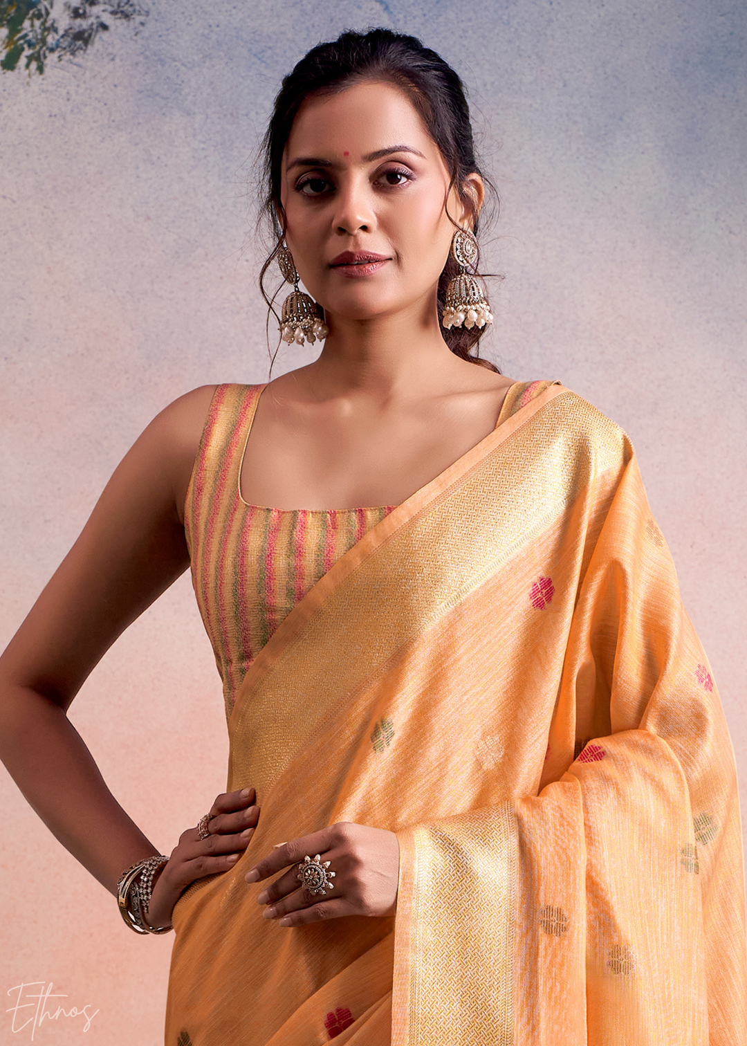 Pastel Orange Lotus Pallu Linen Silk Saree