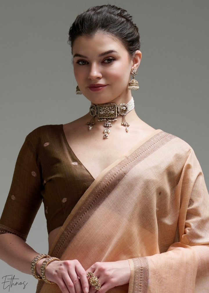 Pastel Peach Geometric Block Printed Jamdani Cotton Saree