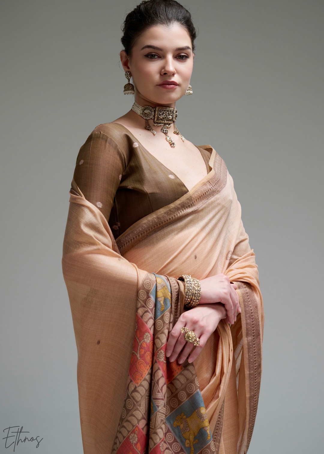 Pastel Peach Geometric Block Printed Jamdani Cotton Saree