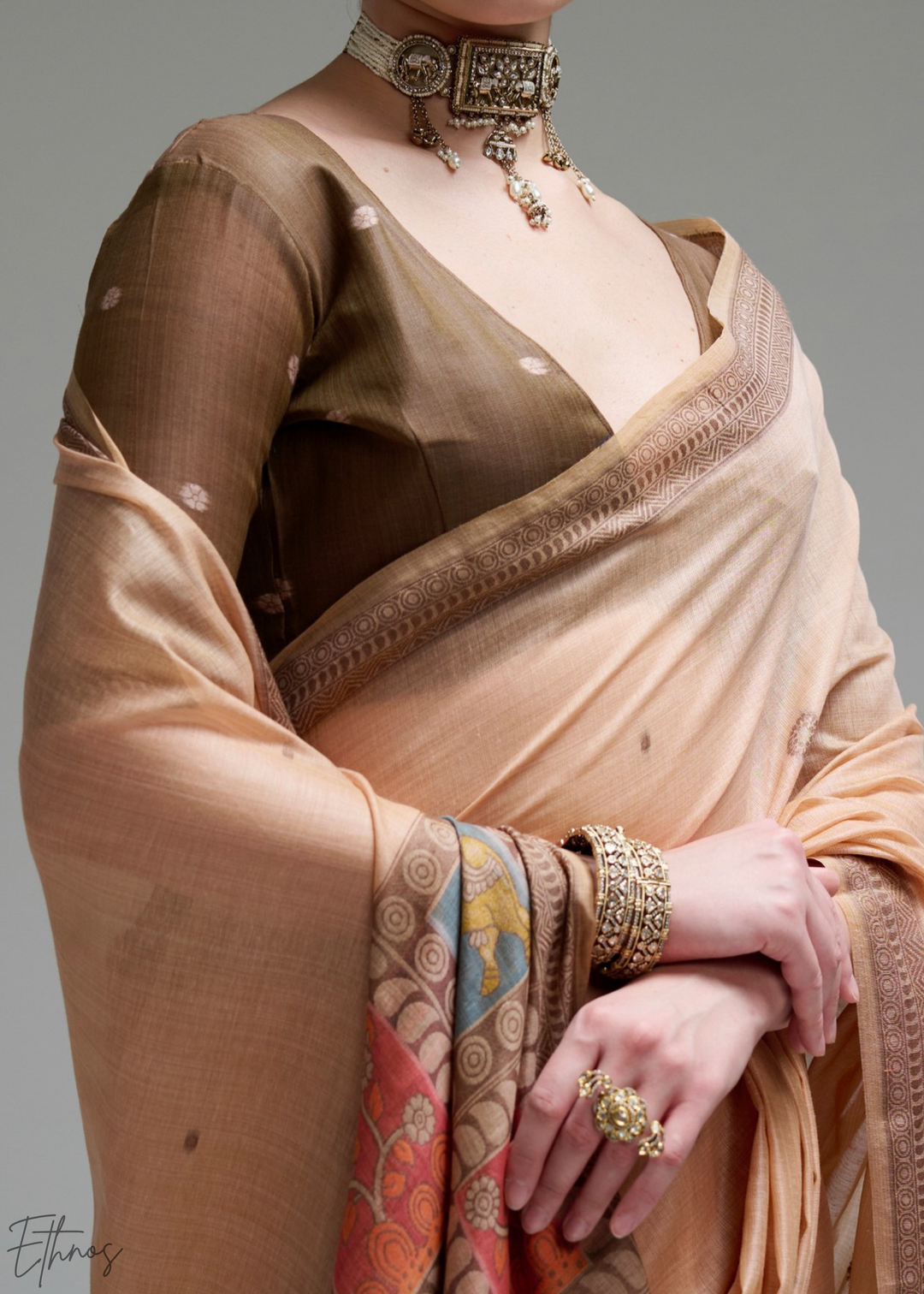 Pastel Peach Geometric Block Printed Jamdani Cotton Saree